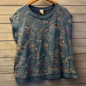 Elegant Blue Floral Embroidered Blouse Anthropologie
